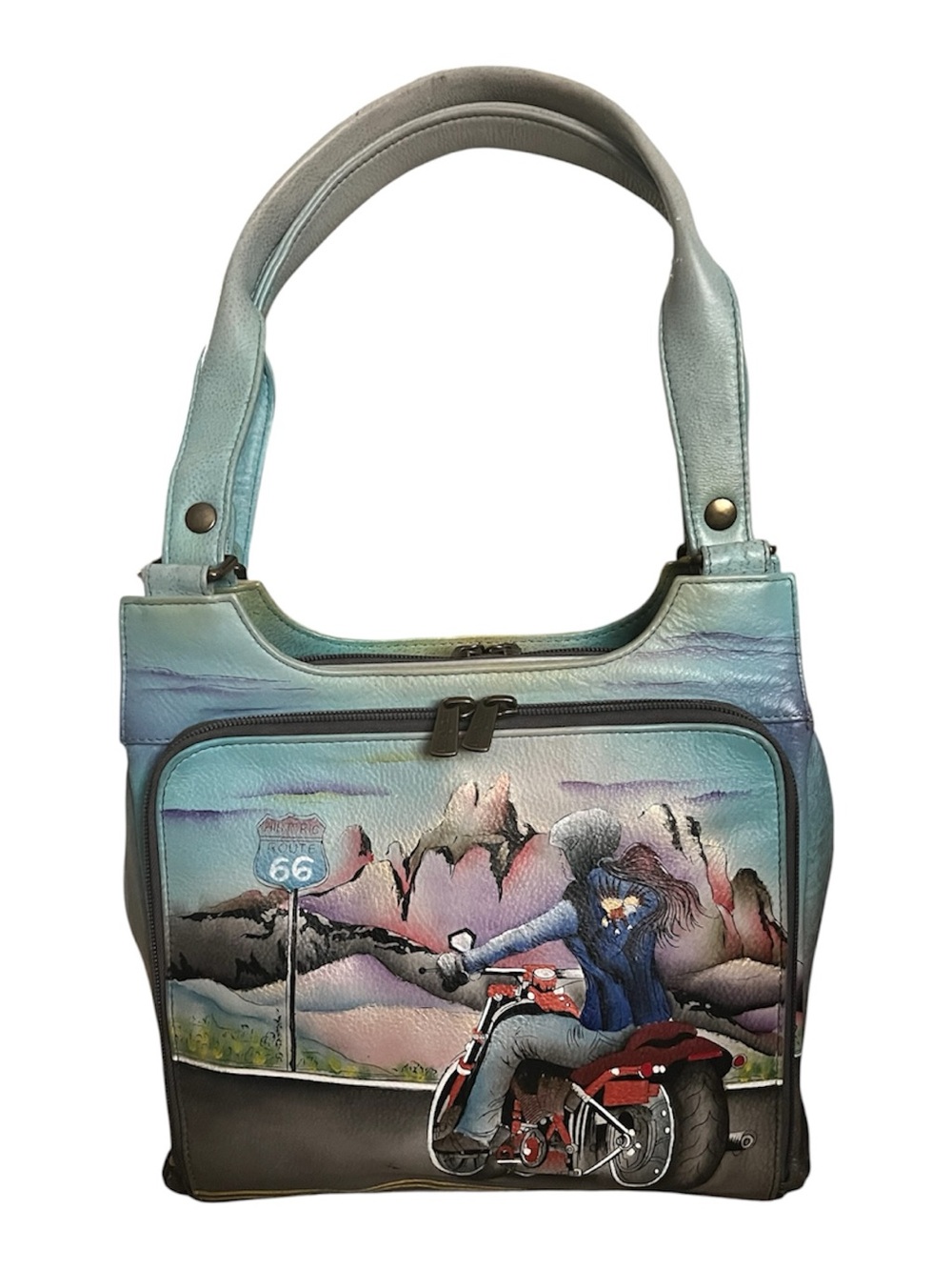 Anuschka Open Road Route 66 Blue Teal Multicolor Hand-Painted Shoulder Bag